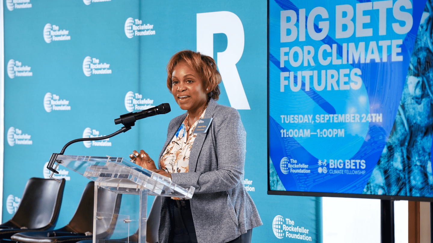 Chief Operating Officer Natalye Paquin introduces the first cohort of Big Bet Climate Fellows during UNGA's Climate Week.