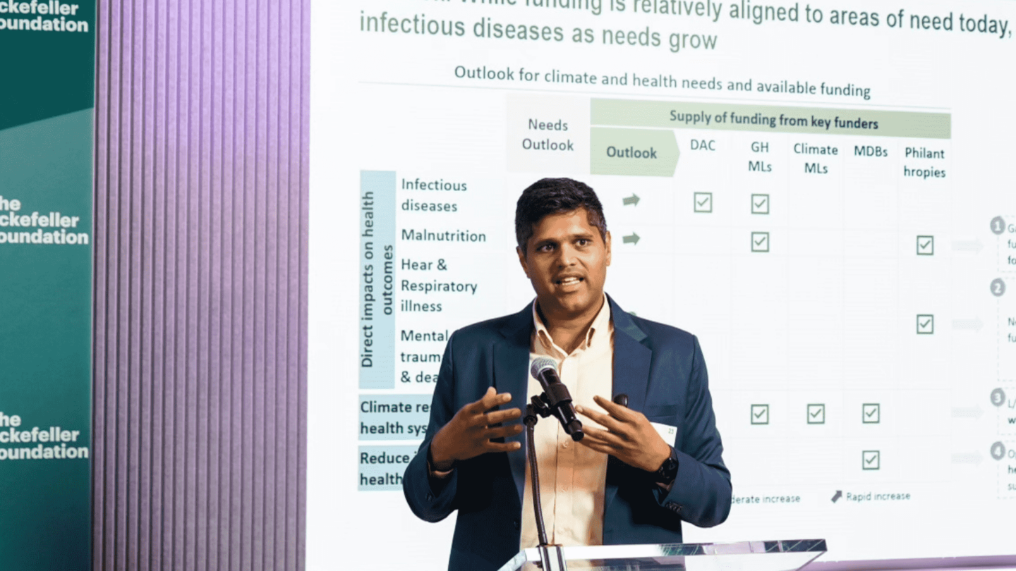 Prashant Poondla, Associate Director of SEEK Development, speaks during a climate and health financing event