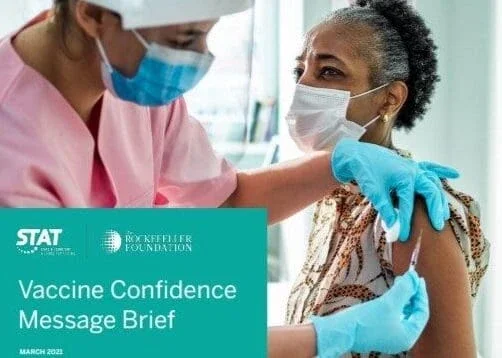 woman sitting receiving a vaccine shot in the arm from a healthcare worker with the text that reads 