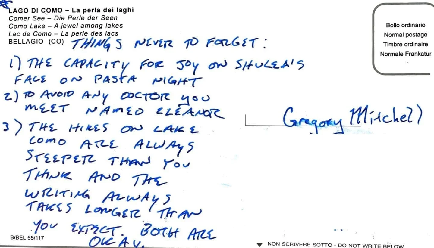 Things to never forget: The capacity for joy on Shulea’s face on pasta night. To avoid any doctor you meet named Elanor. The hikes on Lake Como are always steeper than you think and the writing always takes longer than you expect. Both are Okay.