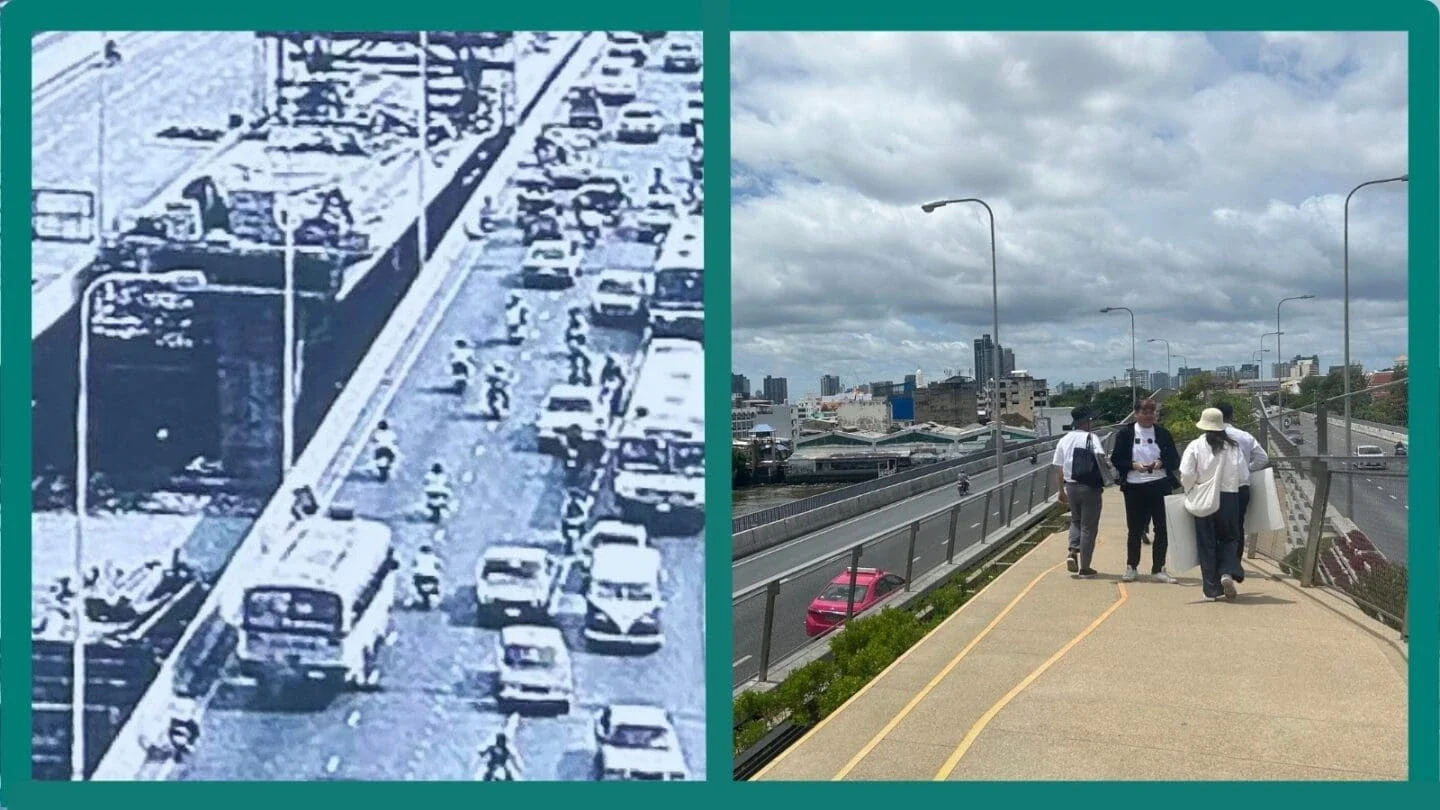 The amputee bridge on the left, and the Sky Park today