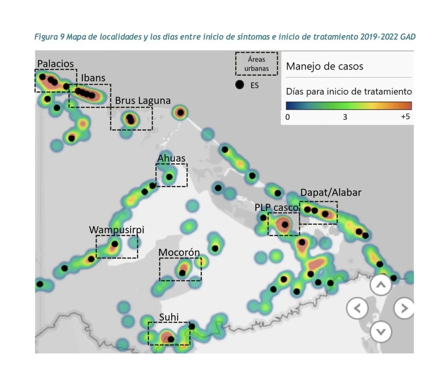 Locations of malaria cases and number of days between symptoms and treatments in Gracias a Dios, 2019-2022 (Image Courtesy of CHAI)