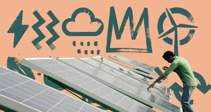 a man in a green shirt wipes solar panels with icons of electricity, clouds, and a wind turbine in the background