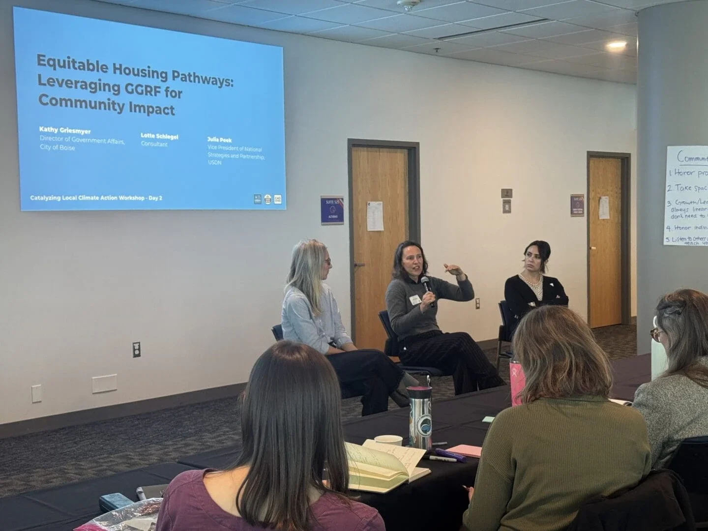 A panel answers questions about renewable energy funding for housing during Boise's climate workshop (Photo Credit Masha Hamilton)